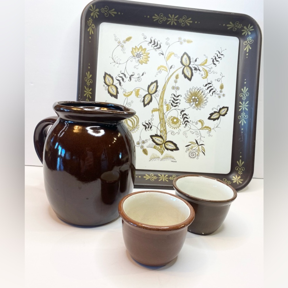Vintage Maxey Tin Tray Bohemian Pottery Water Pitcher Ramekins MCM Serving Brown